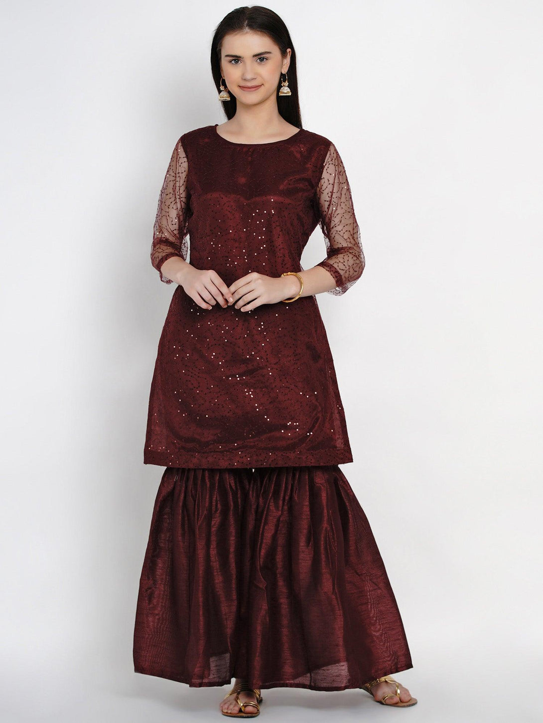 Women's Wine Net Kurta with Sharar - Women Republic - Indiakreations