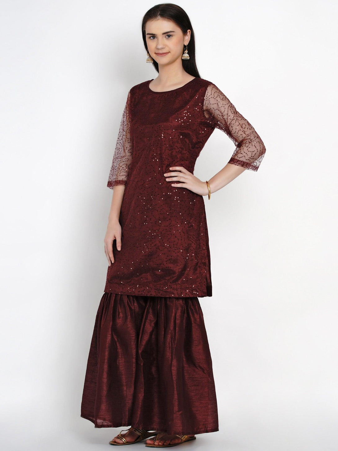 Women's Wine Net Kurta with Sharar - Women Republic - Indiakreations