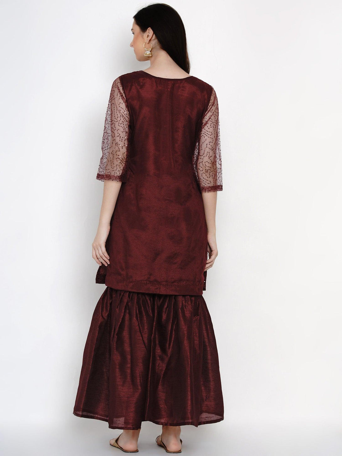 Women's Wine Net Kurta with Sharar - Women Republic - Indiakreations