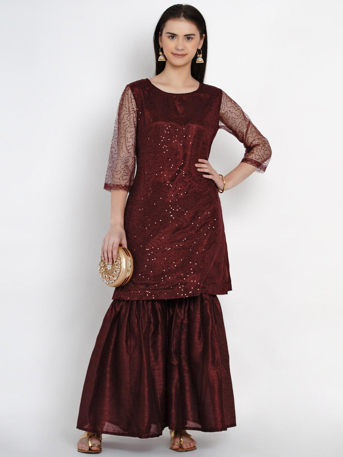 Women's Wine Net Kurta with Sharar - Women Republic - Indiakreations