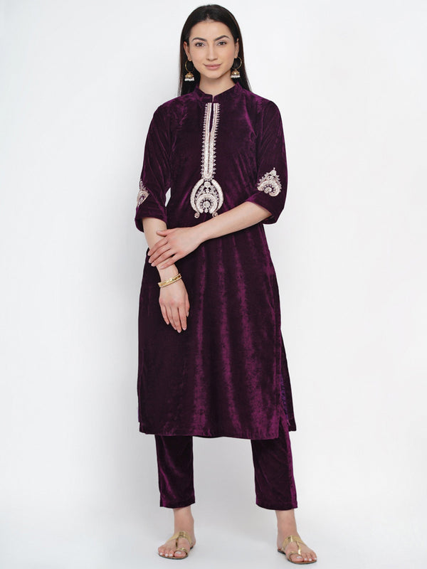 Women's Wine Velvet Embroidered Kurta Set - Women Republic