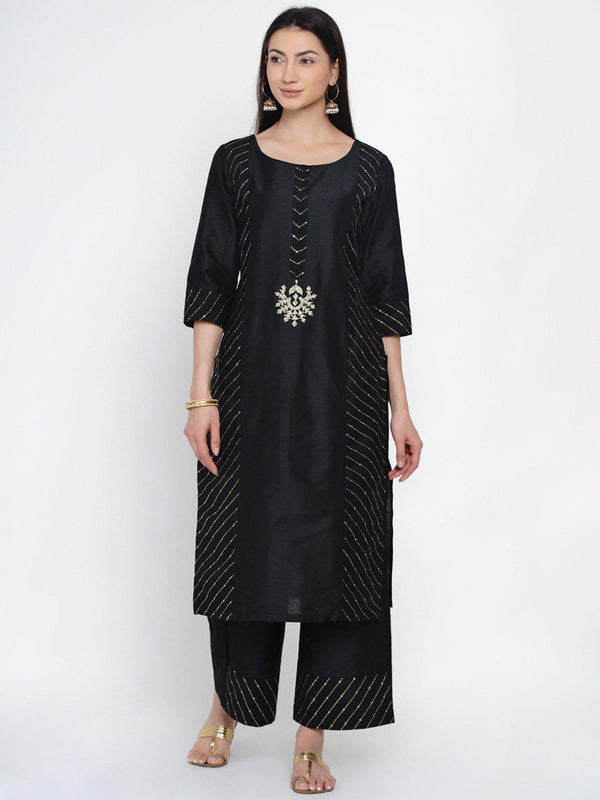 Women's Black Cotton Blended Embroidered Kurta Set - Women Republic - Indiakreations