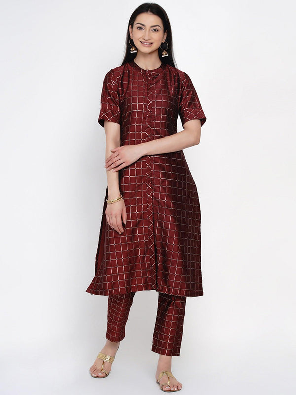 Women's Checks Maroon Polyester Kurta Set - Women Republic - Indiakreations