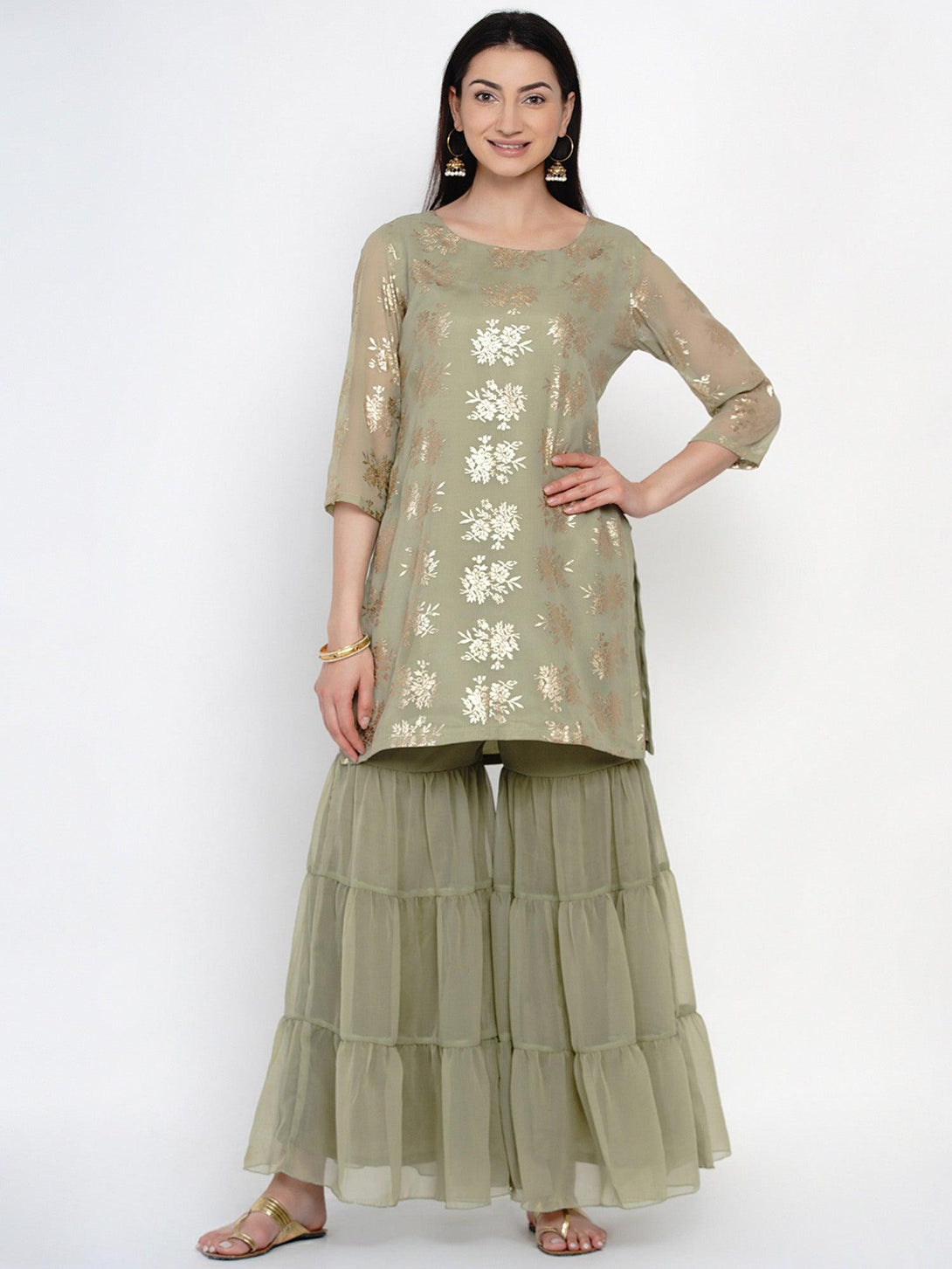 Women's Green Georgette Gold Foil Kurta with Sharar - Women Republic - Indiakreations