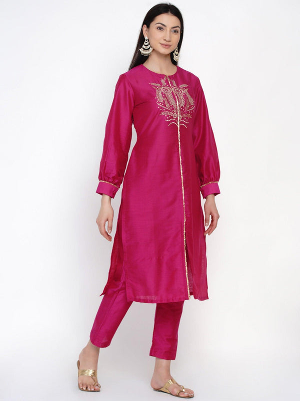 Women's Pink Cotton Blended Embroidered Kurta Set - Women Republic - Indiakreations