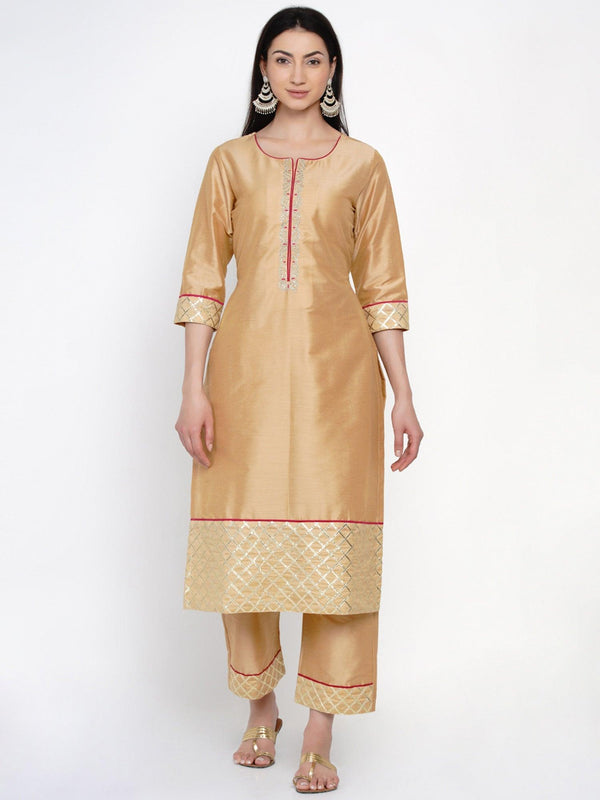 Women's Golden Embroidered Kurta Set with Gota Work - Women Republic - Indiakreations