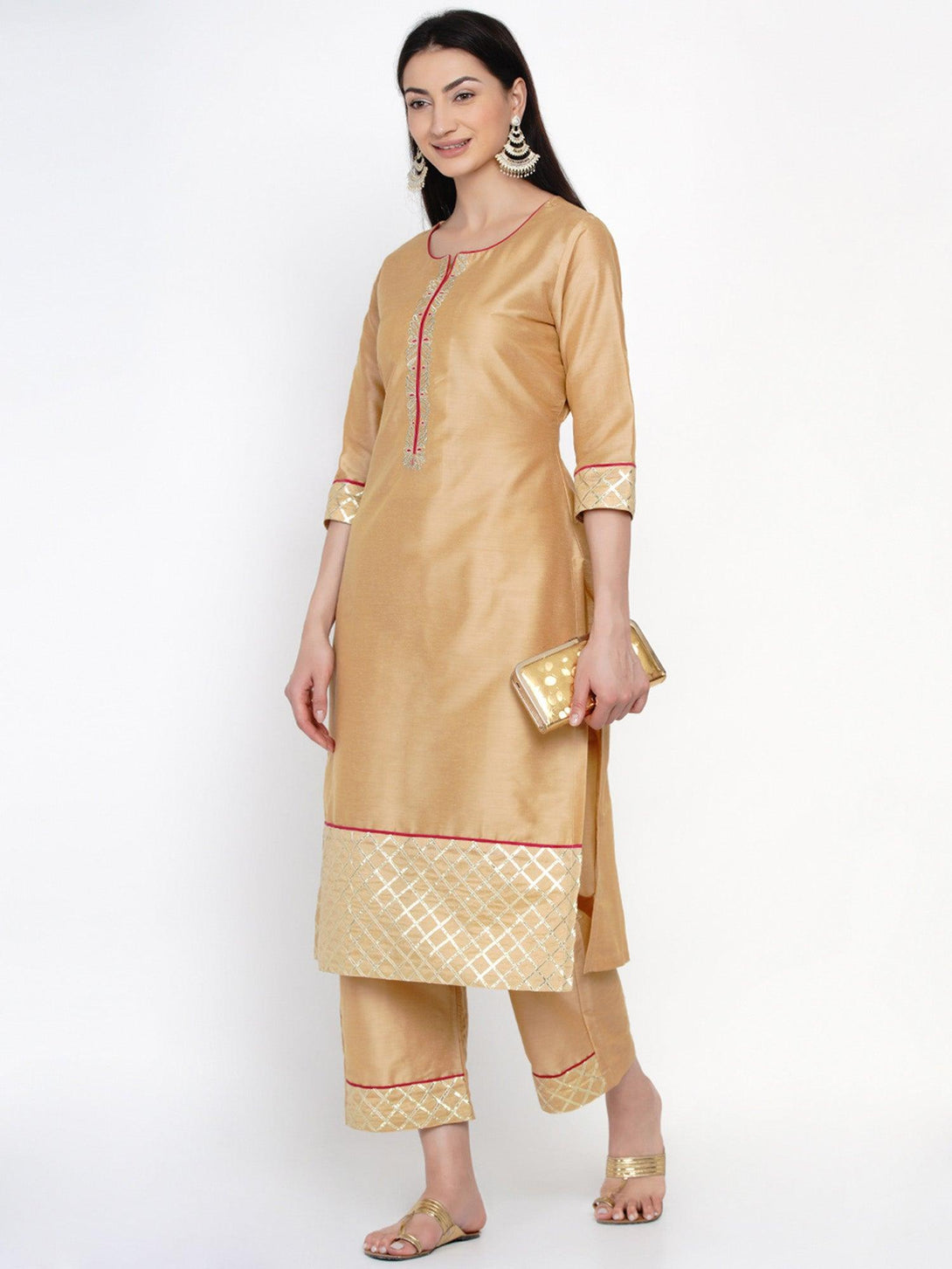 Women's Golden Embroidered Kurta Set with Gota Work - Women Republic - Indiakreations