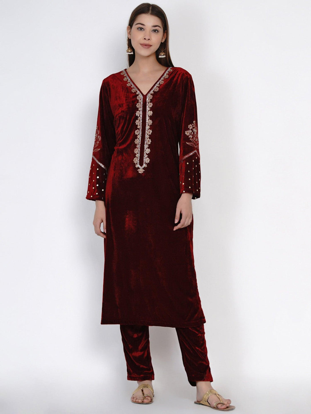 Women's Maroon Velvet Embroidered Kurta Set with Sequence Work - Women Republic - Indiakreations