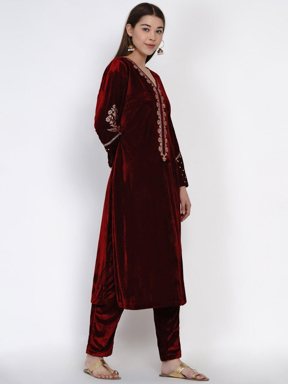 Women's Maroon Velvet Embroidered Kurta Set with Sequence Work - Women Republic - Indiakreations