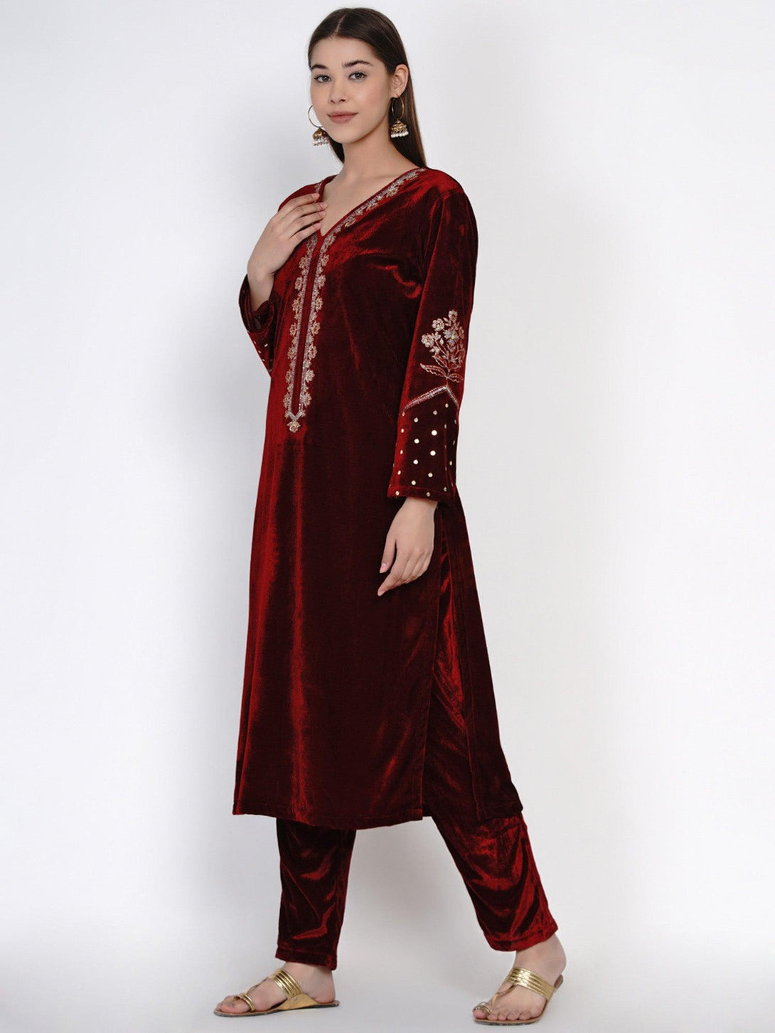 Women's Maroon Velvet Embroidered Kurta Set with Sequence Work - Women Republic - Indiakreations