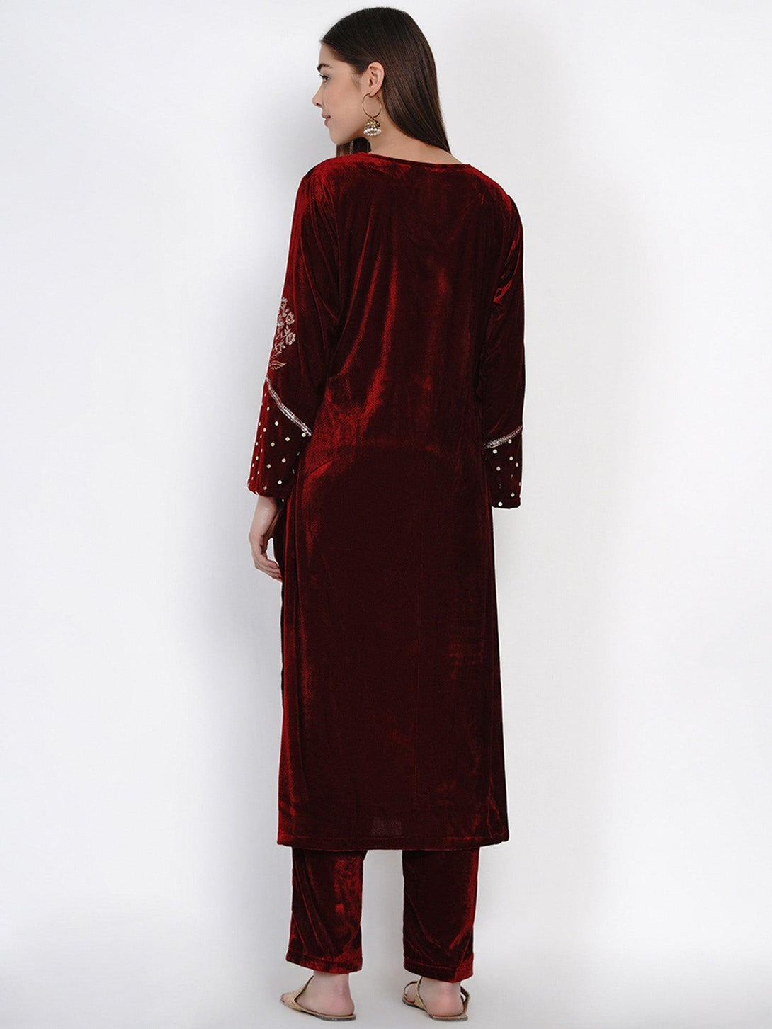 Women's Maroon Velvet Embroidered Kurta Set with Sequence Work - Women Republic - Indiakreations