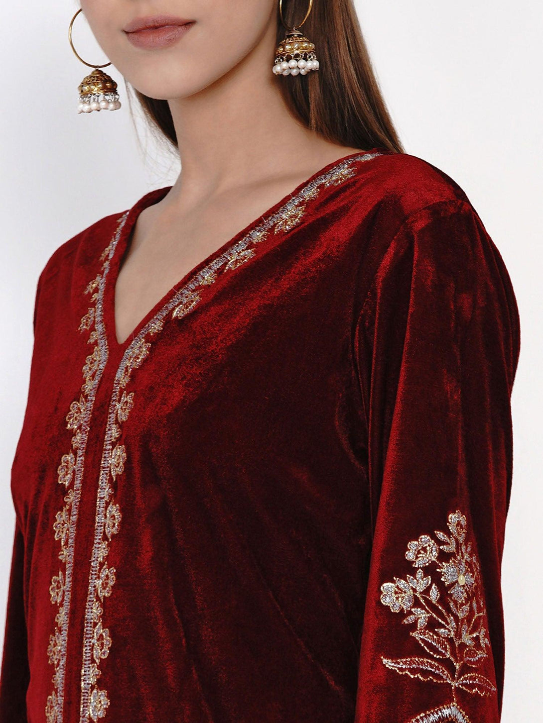 Women's Maroon Velvet Embroidered Kurta Set with Sequence Work - Women Republic - Indiakreations