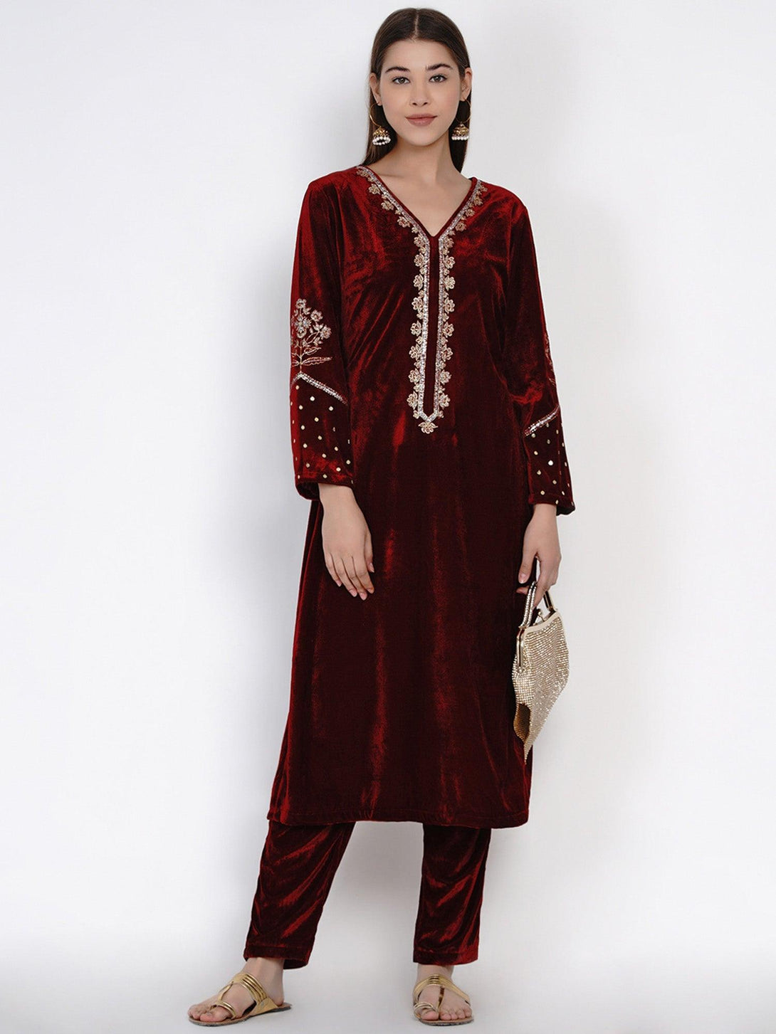 Women's Maroon Velvet Embroidered Kurta Set with Sequence Work - Women Republic - Indiakreations