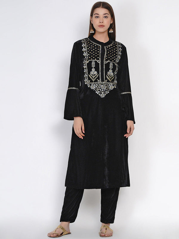 Women's Black Velvet Embroidered Kurta Set with Sequence Work - Women Republic - Indiakreations