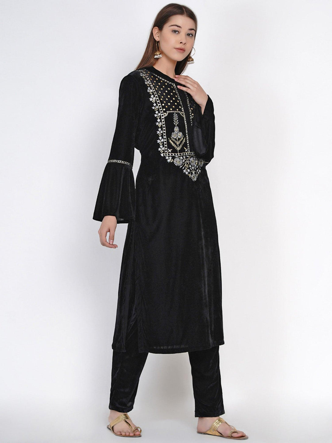 Women's Black Velvet Embroidered Kurta Set with Sequence Work - Women Republic - Indiakreations