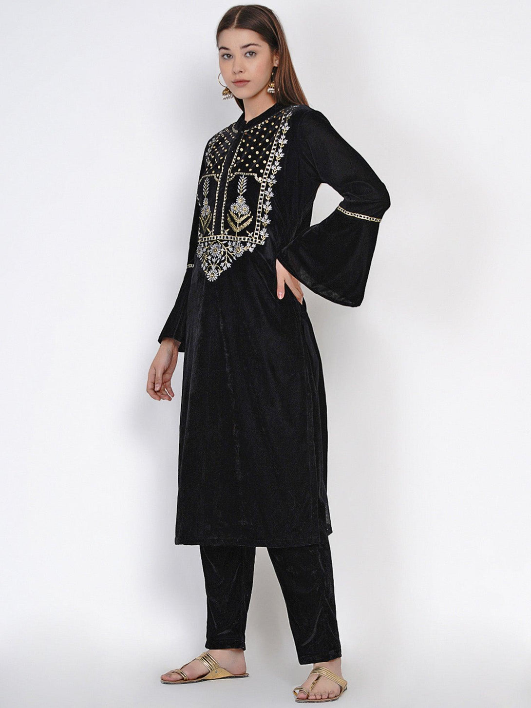 Women's Black Velvet Embroidered Kurta Set with Sequence Work - Women Republic - Indiakreations