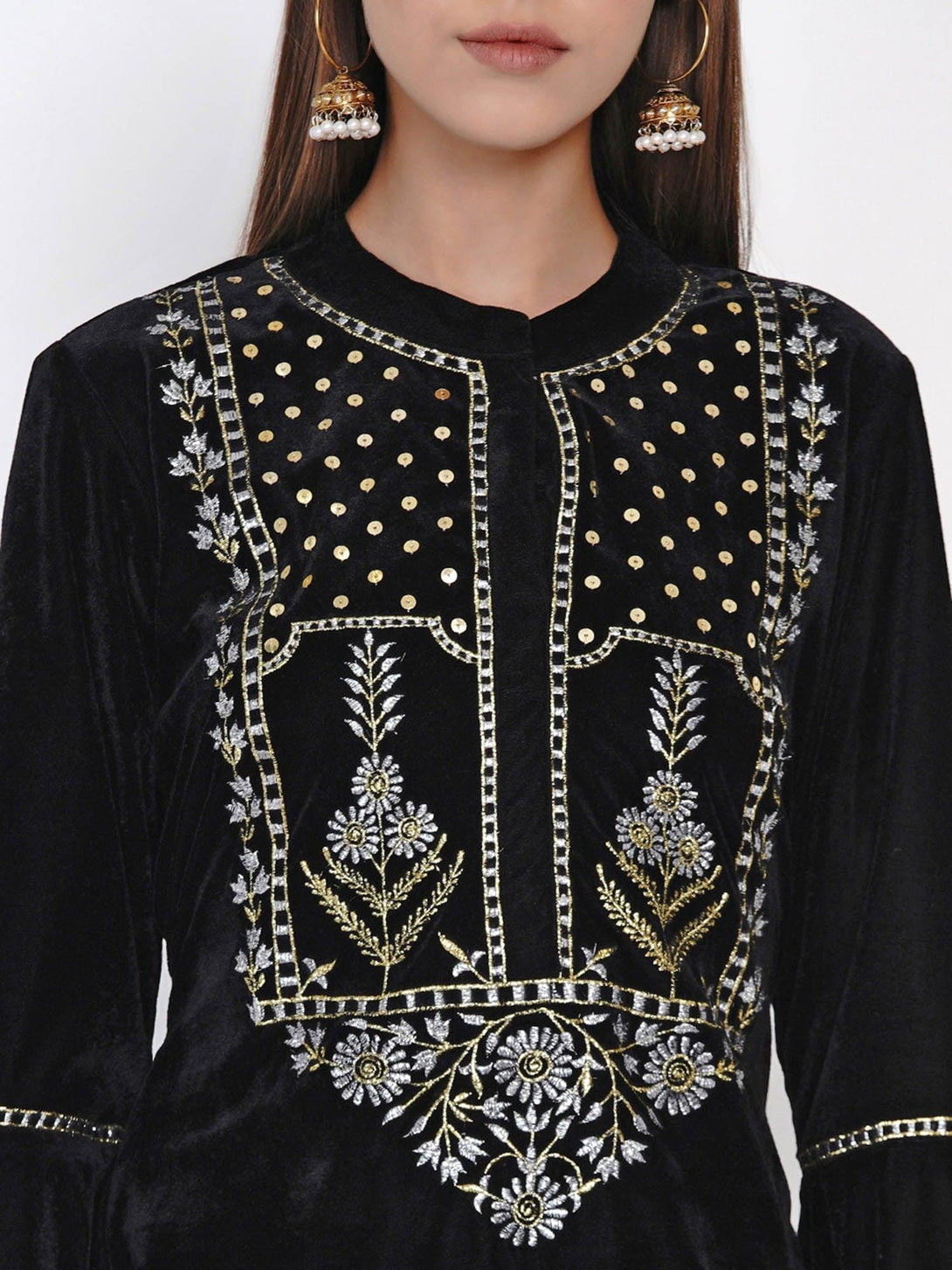 Women's Black Velvet Embroidered Kurta Set with Sequence Work - Women Republic - Indiakreations