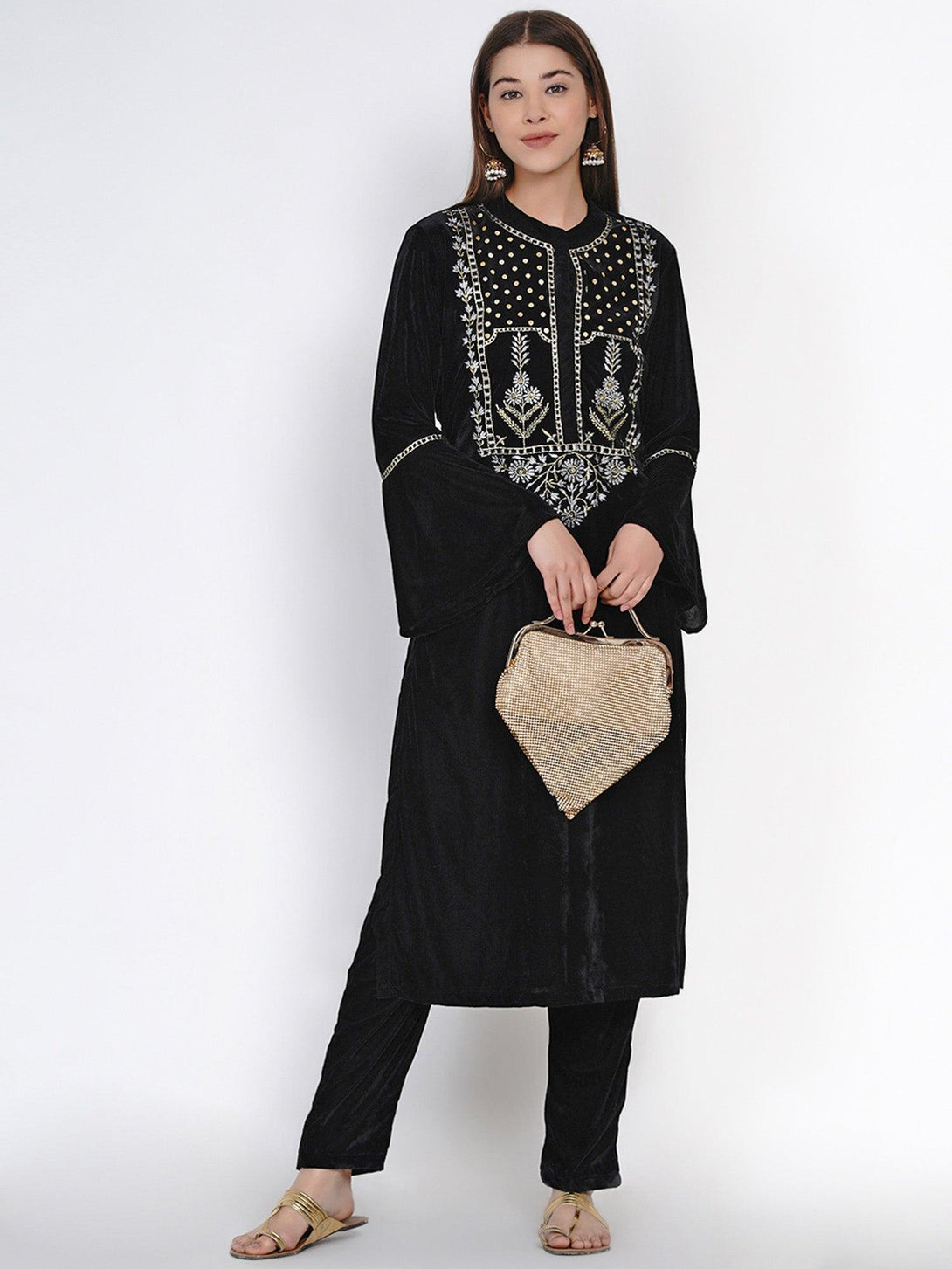 Women's Black Velvet Embroidered Kurta Set with Sequence Work - Women Republic - Indiakreations