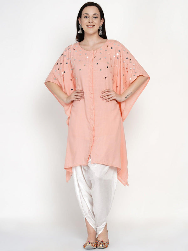 Women's Peach Rayon Kaftan with Tulip pants and Hand Embellishment work - Women Republic - Indiakreations