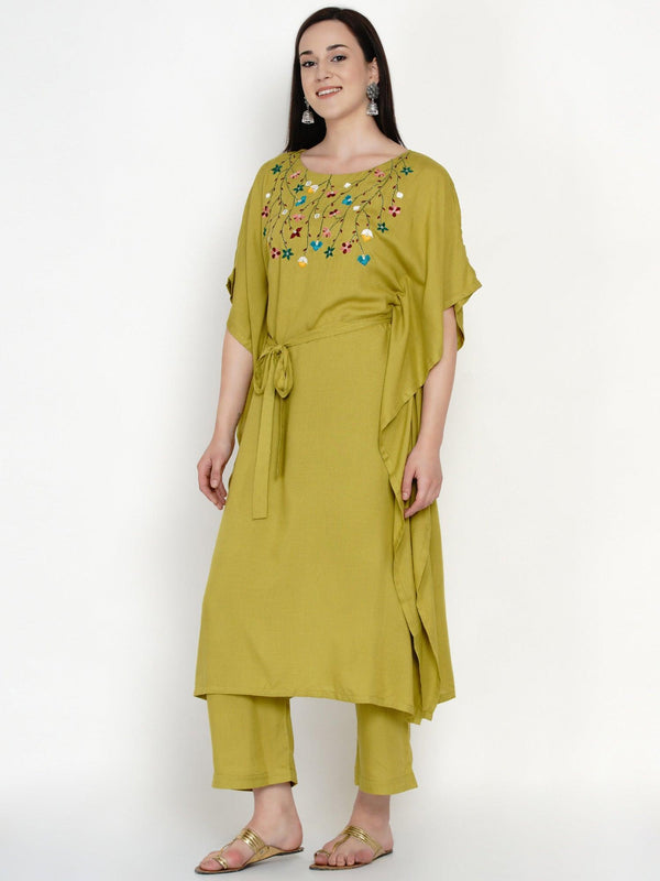 Women's Green Rayon Embroidered Kaftan with Palazzo and Belt - Women Republic - Indiakreations