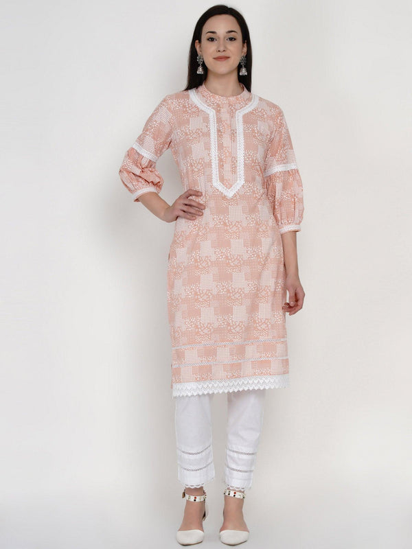 Women's Peach Cotton Kurta Set with Lace work - Women Republic - Indiakreations