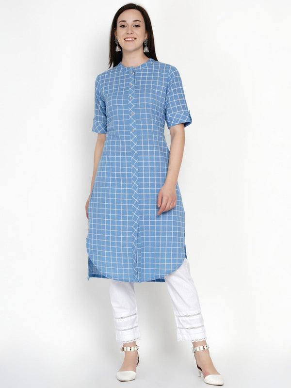 Women's Blue Checks Cotton Kurta with Pant - Women Republic - Indiakreations