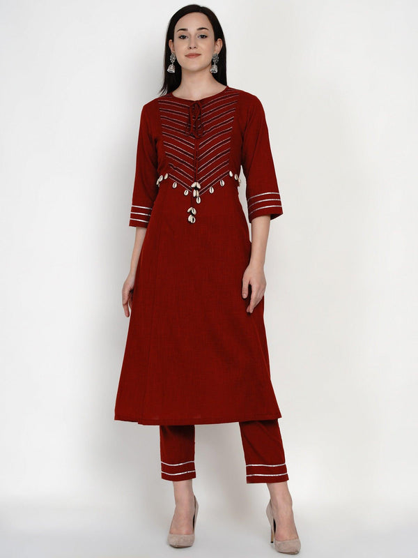 Women's Maroon Cotton Embroidered Kurta Set - Women Republic - Indiakreations