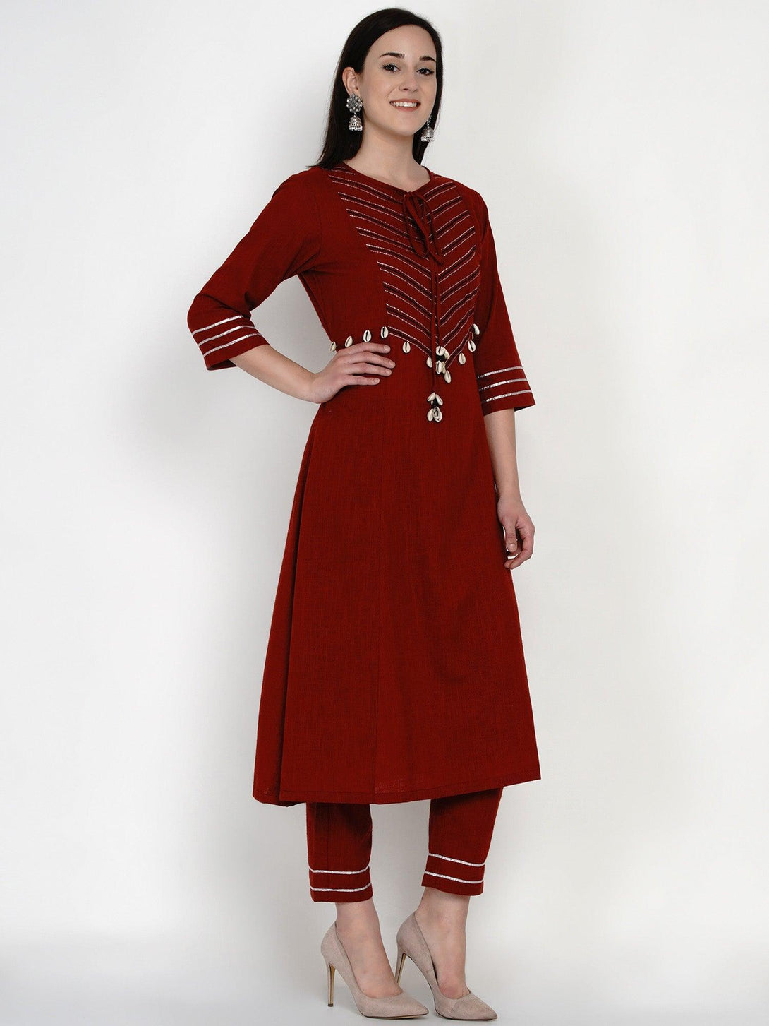 Women's Maroon Cotton Embroidered Kurta Set - Women Republic - Indiakreations