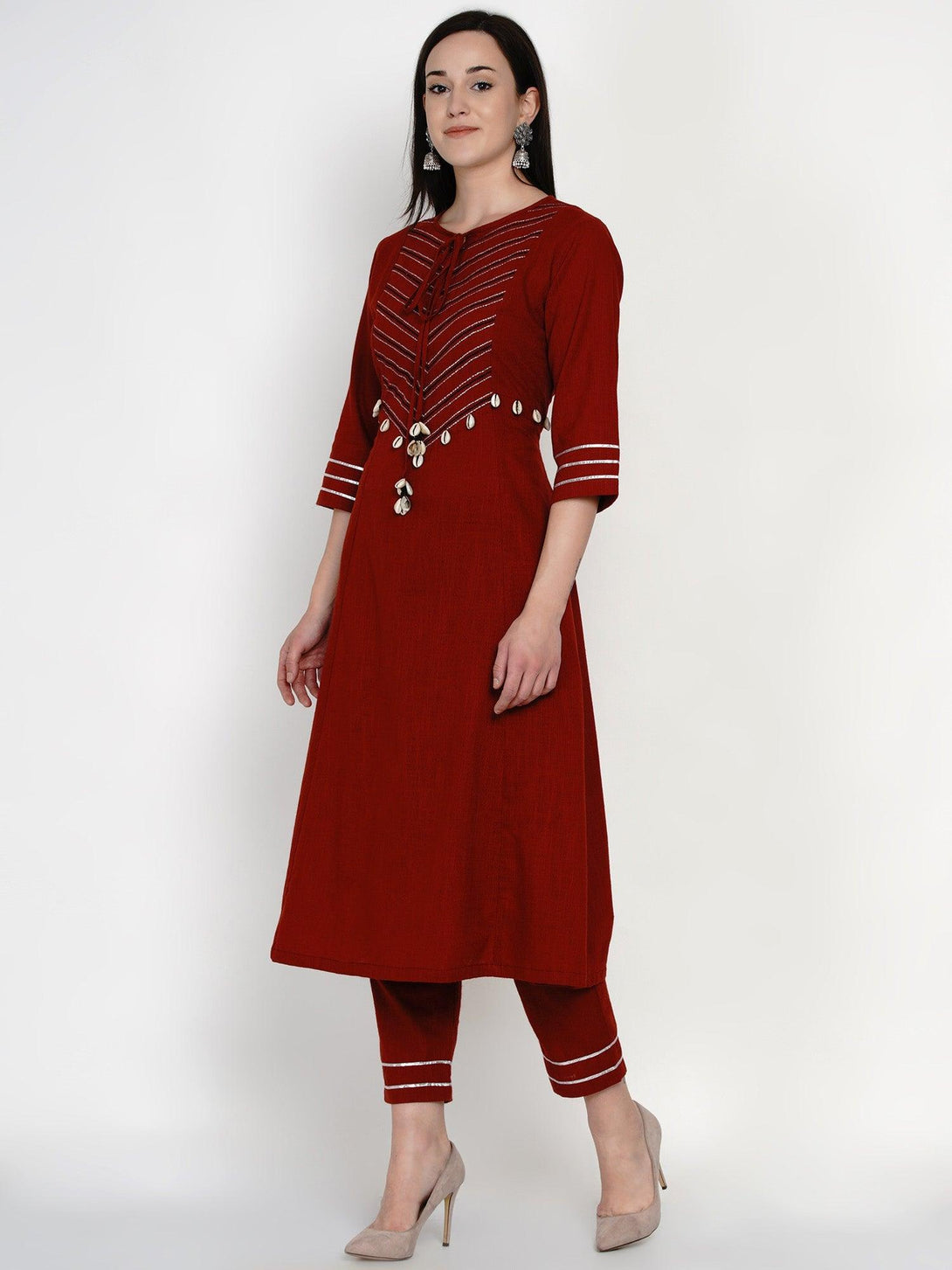 Women's Maroon Cotton Embroidered Kurta Set - Women Republic - Indiakreations