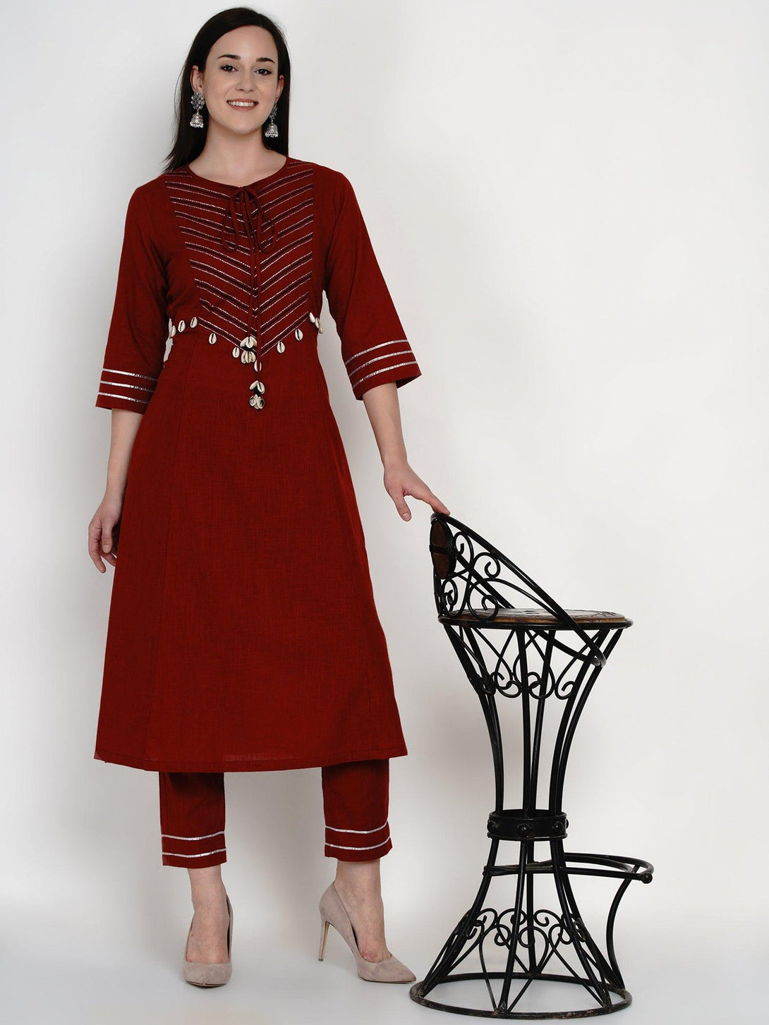 Women's Maroon Cotton Embroidered Kurta Set - Women Republic - Indiakreations