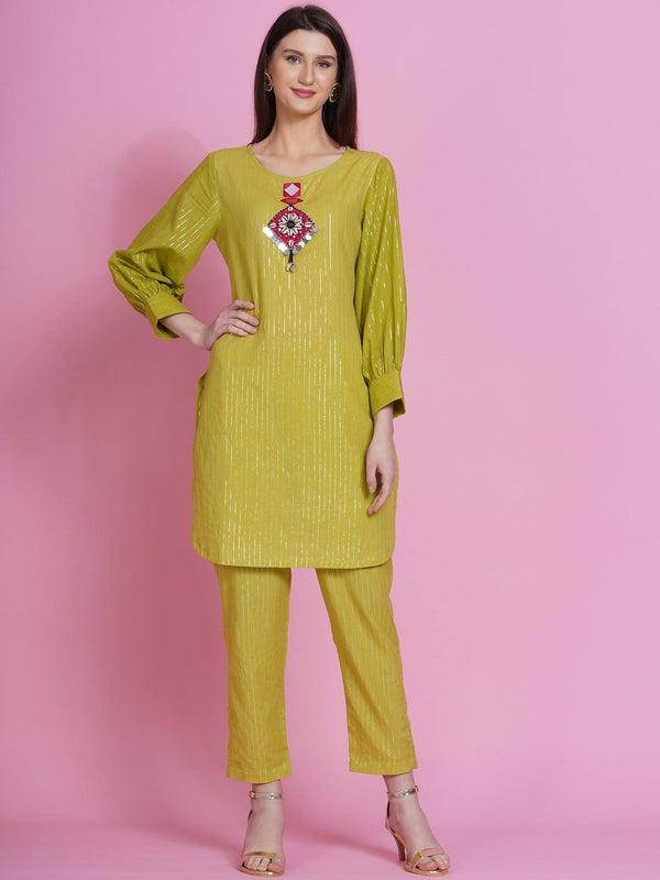 Women's Green Lurex Cotton Hand Embroidered Kurta With Pants - Women Republic - Indiakreations