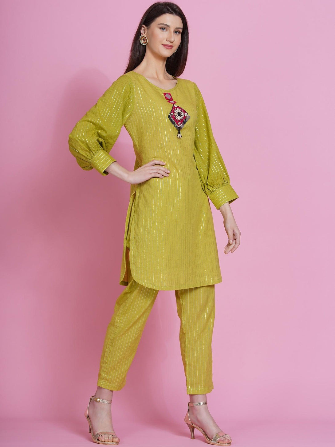 Women's Green Lurex Cotton Hand Embroidered Kurta With Pants - Women Republic - Indiakreations