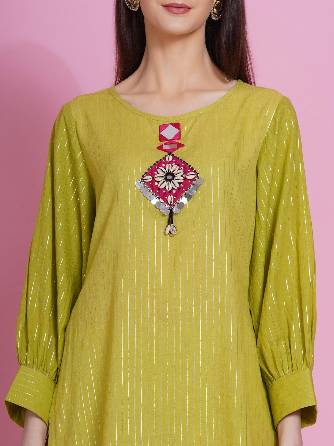 Women's Green Lurex Cotton Hand Embroidered Kurta With Pants - Women Republic - Indiakreations