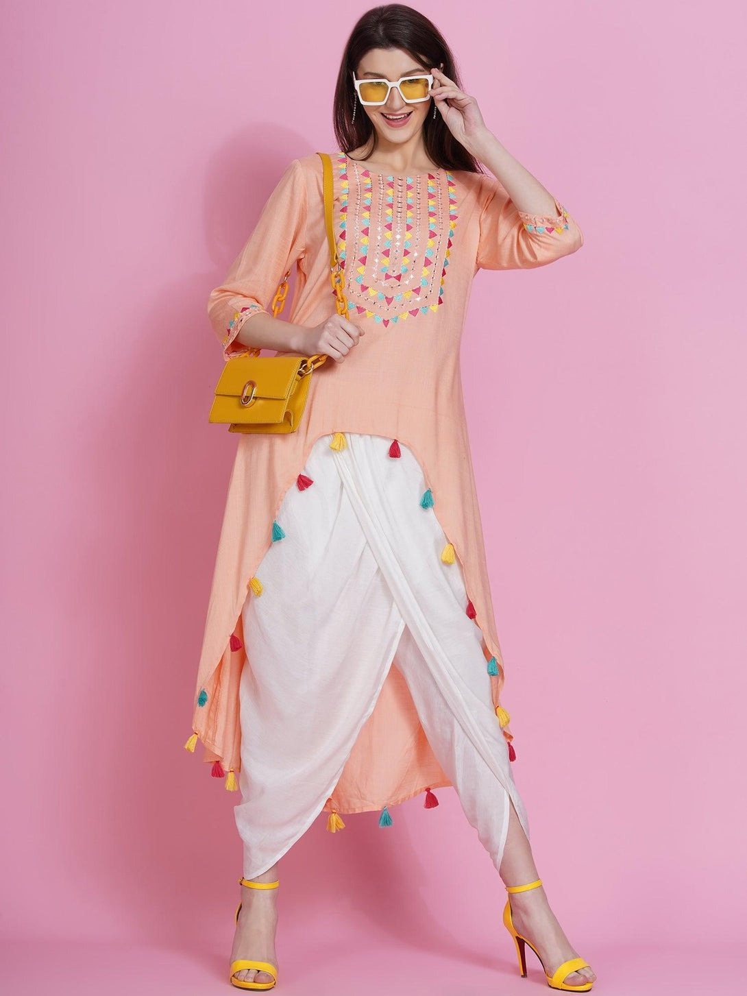 Women's Peach Rayon Embroidered Kurta with Mirror Work and Tulip Pants - Women Republic - Indiakreations