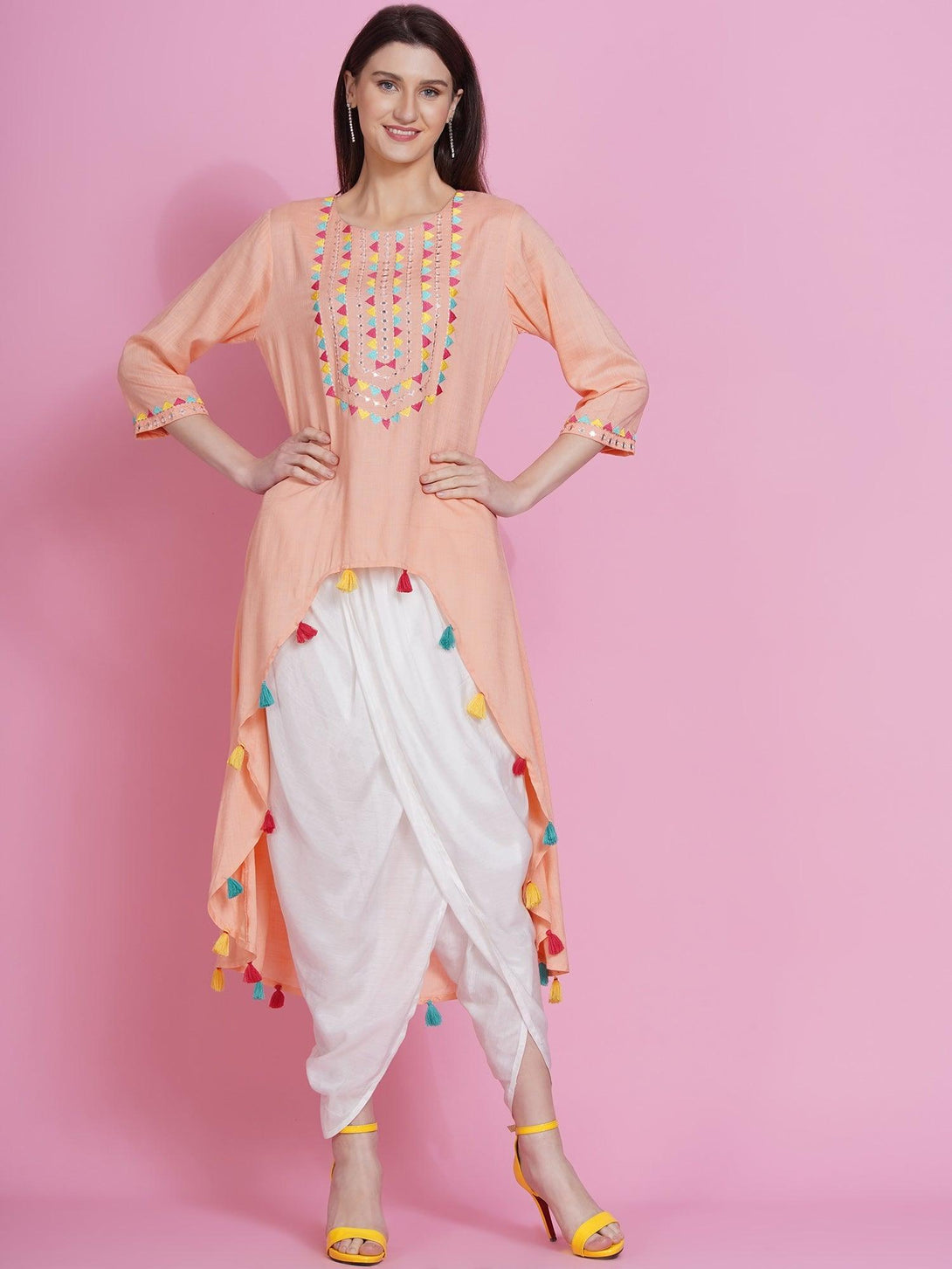 Women's Peach Rayon Embroidered Kurta with Mirror Work and Tulip Pants - Women Republic - Indiakreations