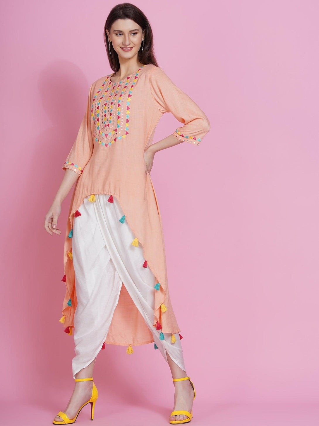 Women's Peach Rayon Embroidered Kurta with Mirror Work and Tulip Pants - Women Republic - Indiakreations