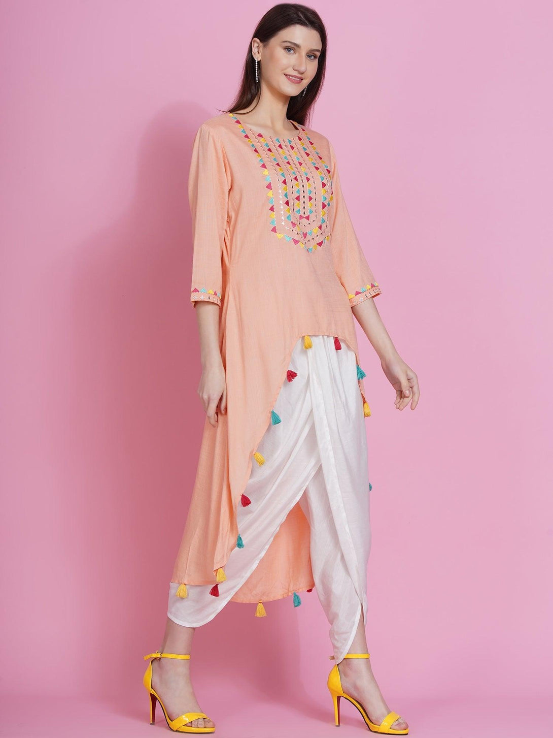 Women's Peach Rayon Embroidered Kurta with Mirror Work and Tulip Pants - Women Republic - Indiakreations