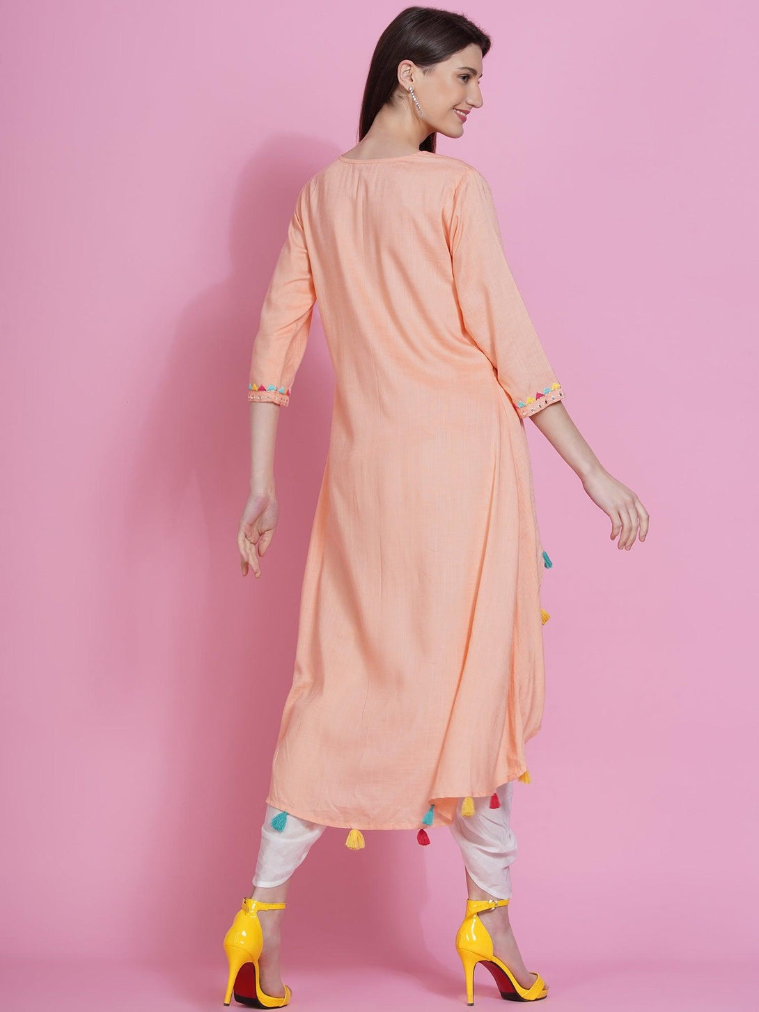 Women's Peach Rayon Embroidered Kurta with Mirror Work and Tulip Pants - Women Republic - Indiakreations