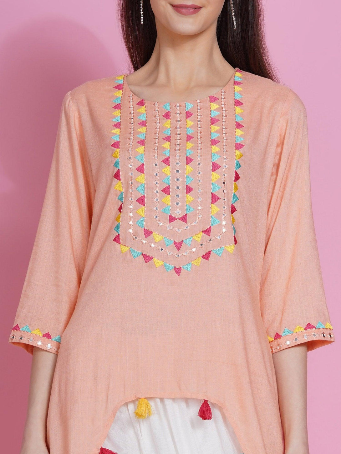 Women's Peach Rayon Embroidered Kurta with Mirror Work and Tulip Pants - Women Republic - Indiakreations