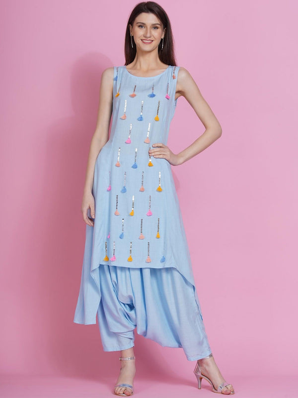 Women's Powder Blue Hand Embellished Kurta with Harem Pants - Women Republic - Indiakreations