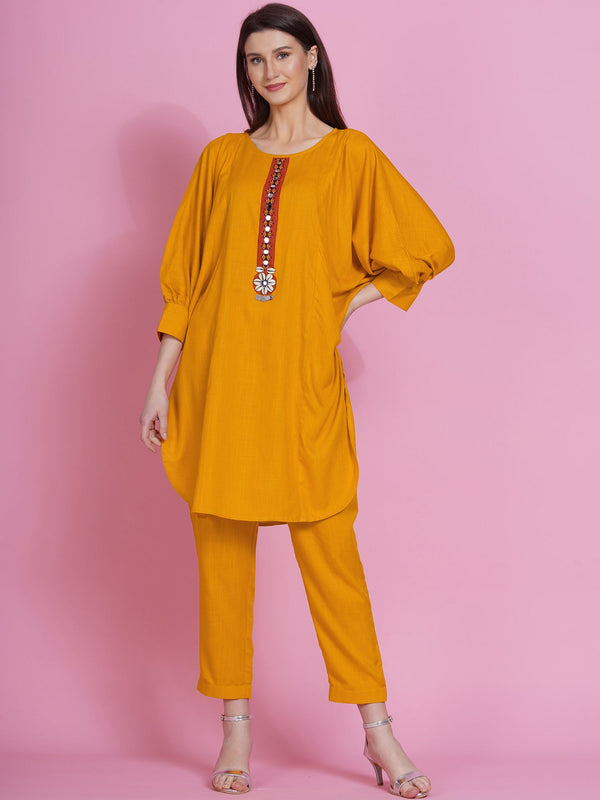 Women's Yellow Rayon Boxed Kurta with Pants - Women Republic