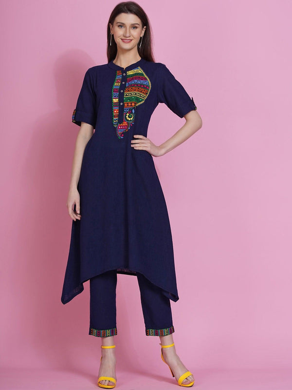 Women's Navy Blue Cotton Embroidered Kurta with Pants - Women Republic - Indiakreations