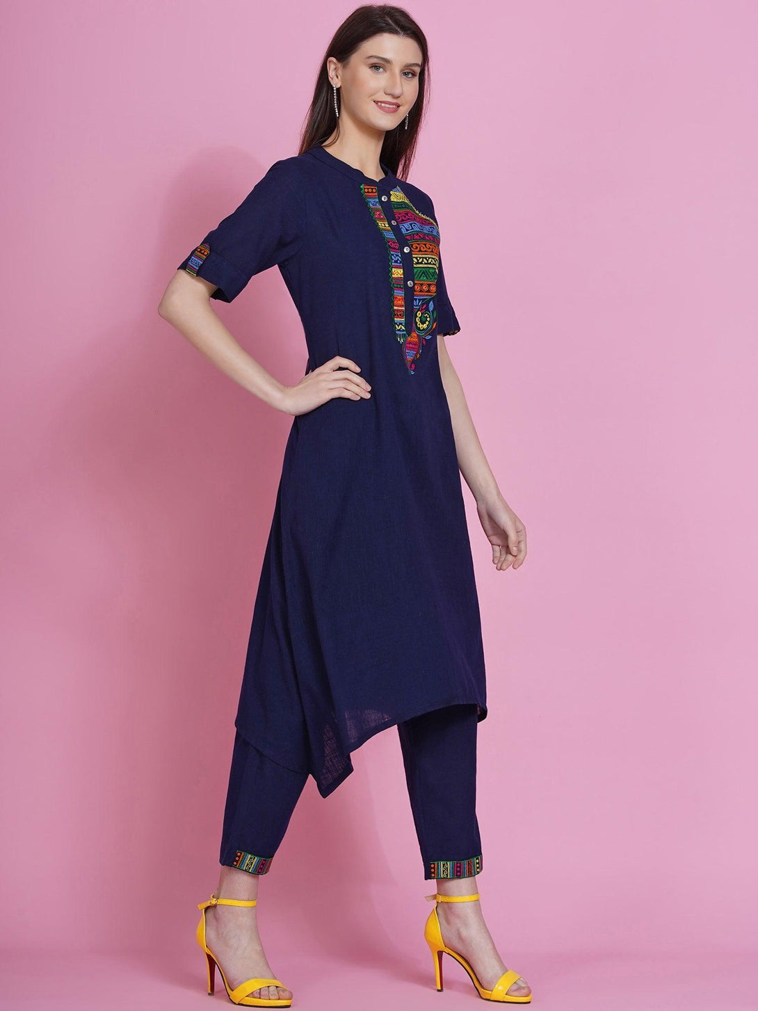 Women's Navy Blue Cotton Embroidered Kurta with Pants - Women Republic - Indiakreations