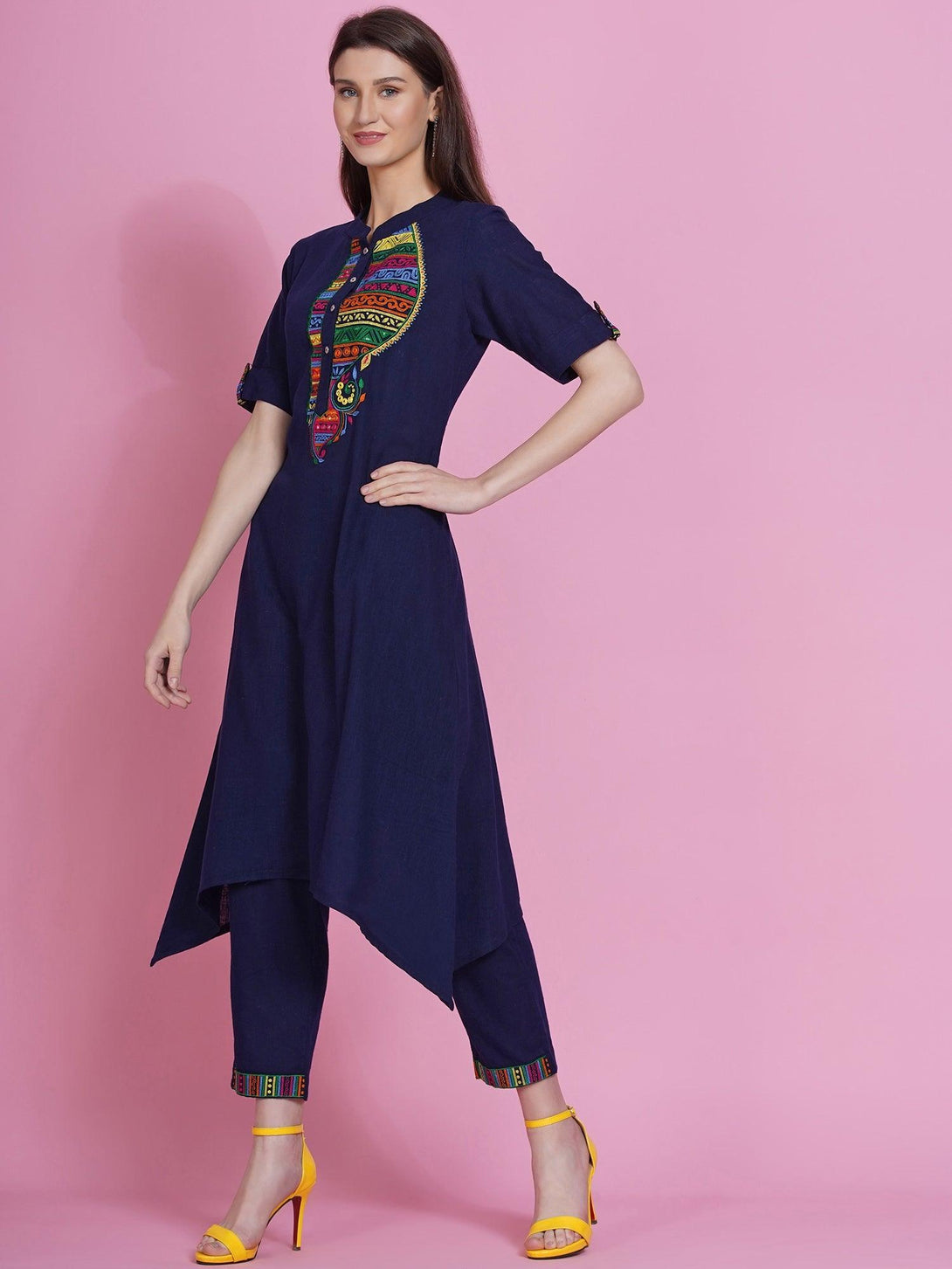 Women's Navy Blue Cotton Embroidered Kurta with Pants - Women Republic - Indiakreations