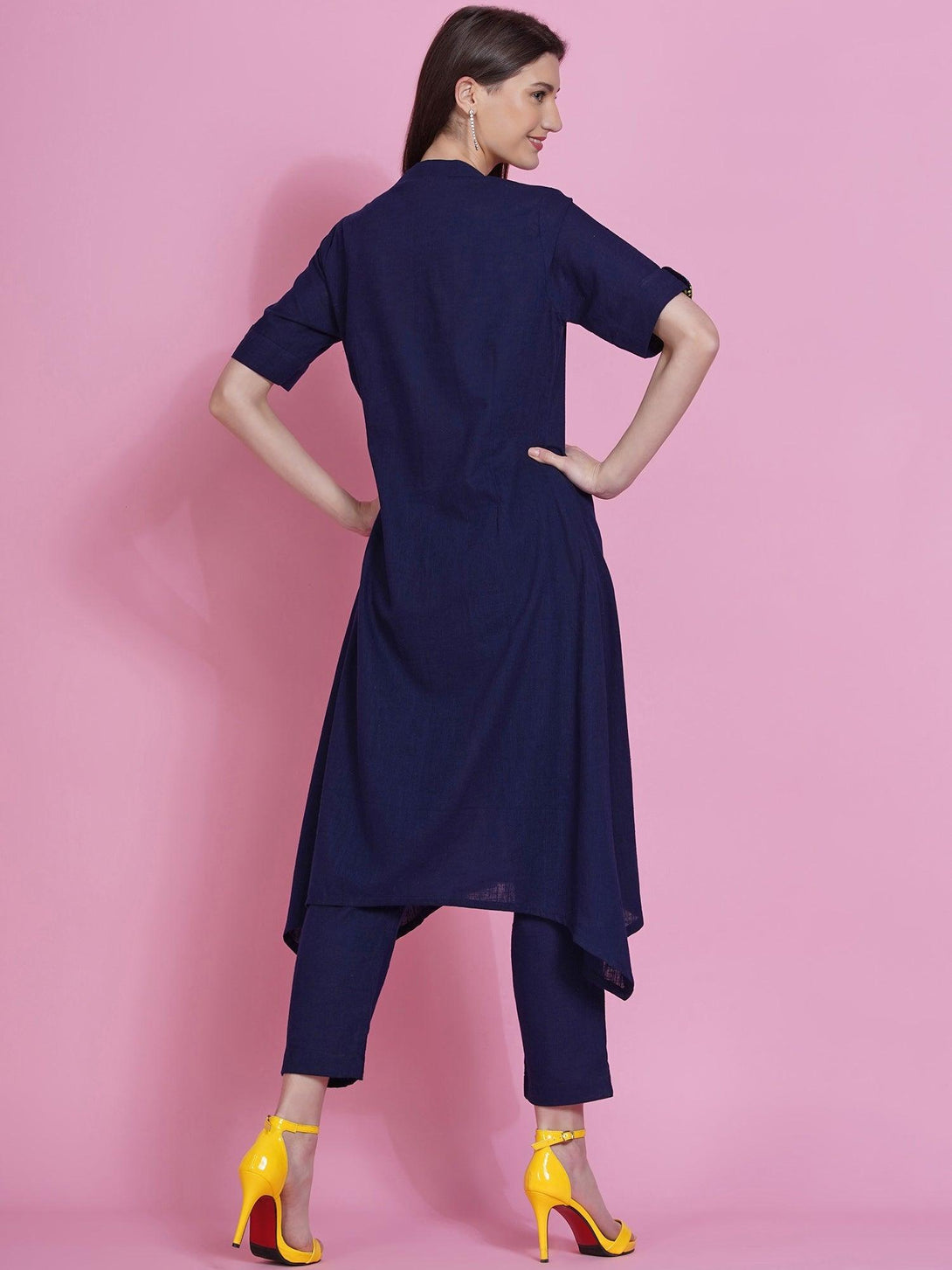 Women's Navy Blue Cotton Embroidered Kurta with Pants - Women Republic - Indiakreations