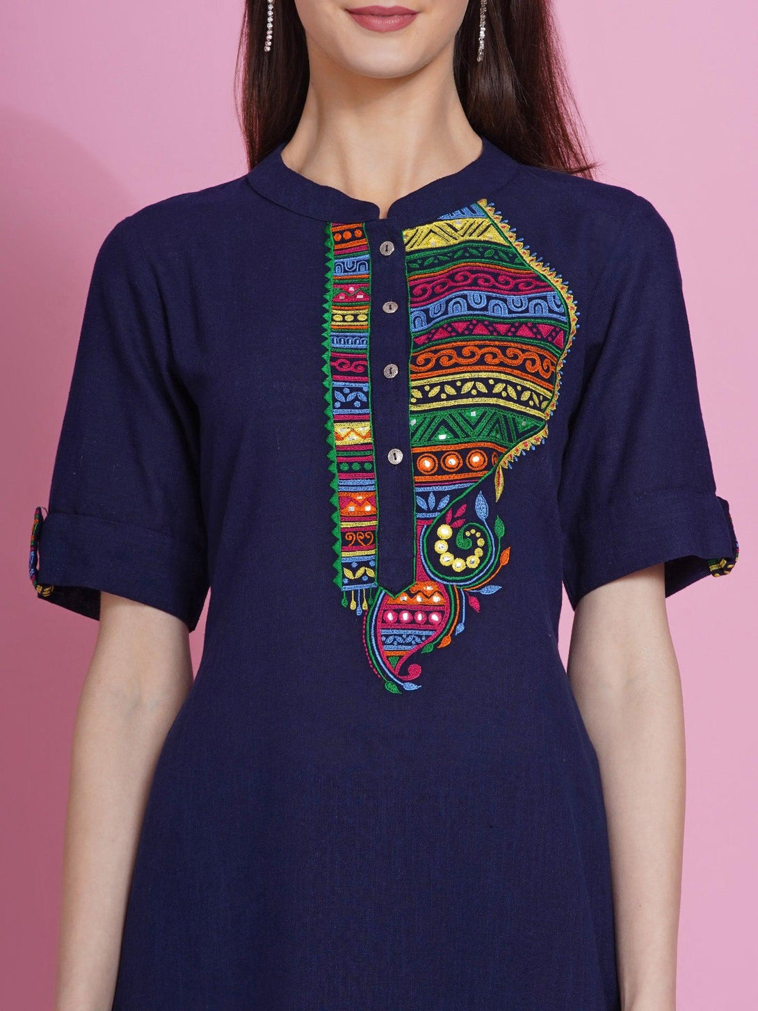 Women's Navy Blue Cotton Embroidered Kurta with Pants - Women Republic - Indiakreations