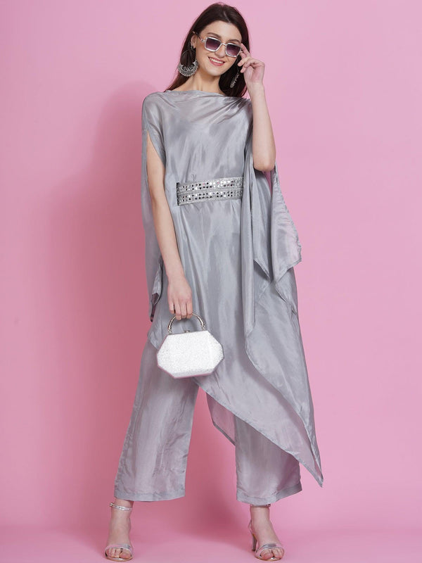 Women's Grey Opara Silk Kurta with Belt and Pallazo - Women Republic - Indiakreations