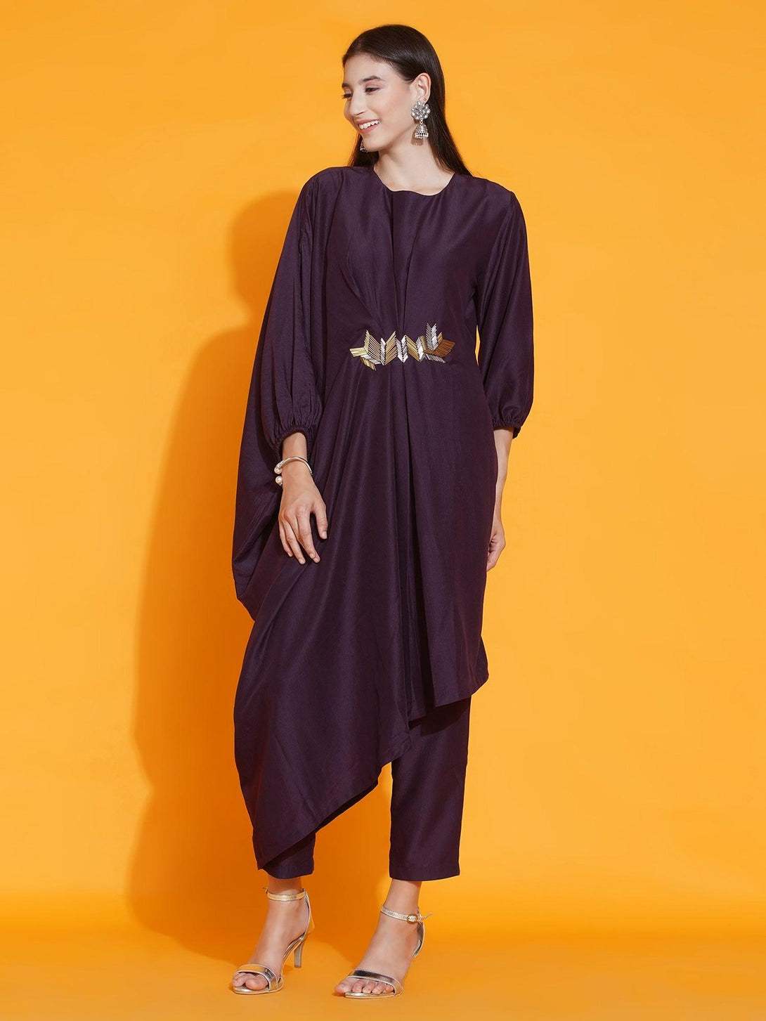 Women's Purple Fusion Style Kurta With Hand Embellishment And Pants - Women Republic - Indiakreations