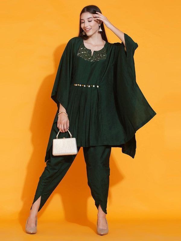 Women's Green Kaftan With Hand Embellishment And Dhoti Salwaar - Women Republic - Indiakreations