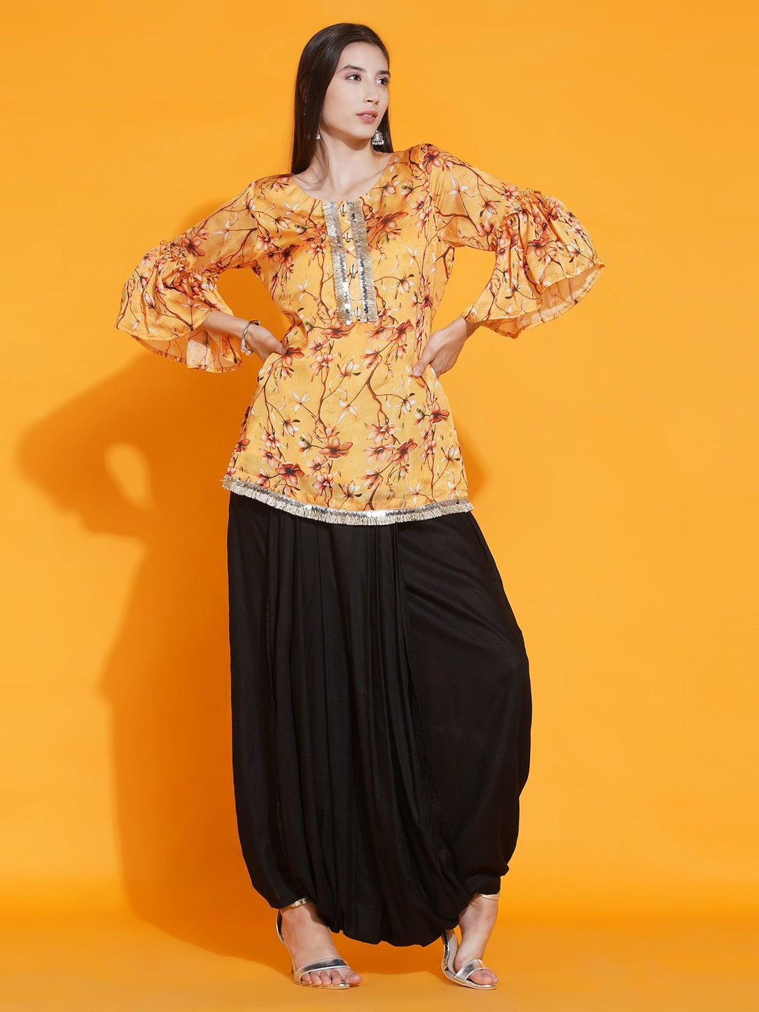 Women's Yellow Printed Satin Georgette Shirt With Bell Slevves And Dhoti - Women Republic - Indiakreations